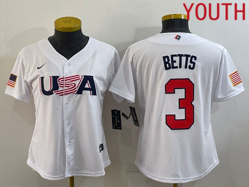 Youth 2023 World Cub USA 3 Betts White MLB Jersey6